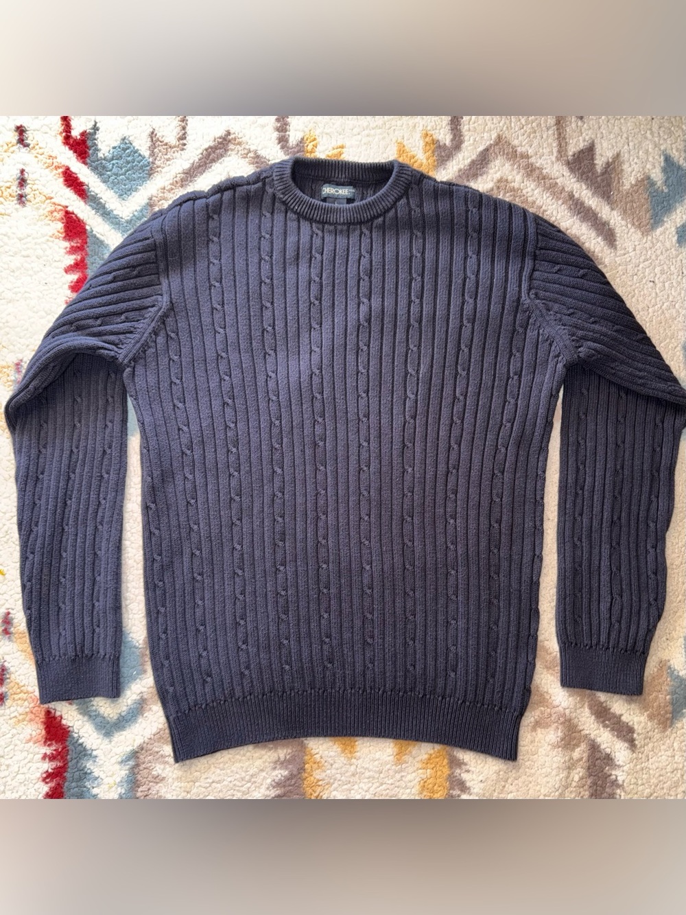Vintage Cherokee Men's Dark Navy Cable Crewneck Sweater